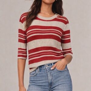 Madewell Button-Shoulder Striped Ribbed Sweater – Red/Cream – Size XL
